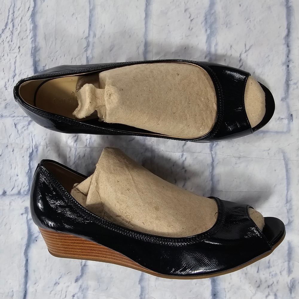 Cole Haan Tali Wedge Pumps Women 8.5 Black Patent Leather Peep Toe Air Heels